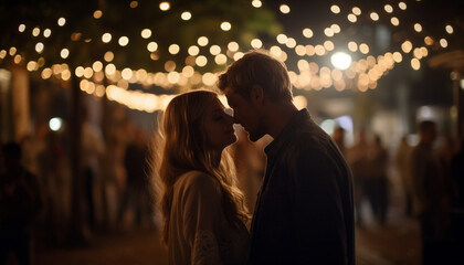 Fototapeta premium Young couple embracing under illuminated Christmas lights generated by AI