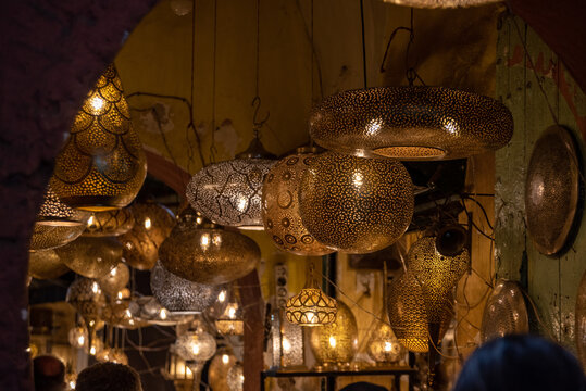 Impressions of typical Moroccan souks in the Marrakechs medina
