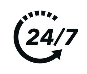 24 7 icon. The 24 hour service is open 24 hours a day, 7 days a week. Simple illustration of 24-7 elements, can be used in logo, ui and web design. 24-7 service concept. Vector illustration.