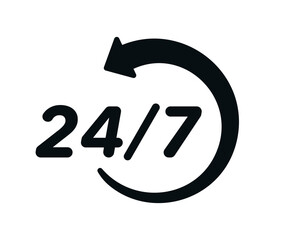 24 7 icon. The 24 hour service is open 24 hours a day, 7 days a week. Simple illustration of 24-7 elements, can be used in logo, ui and web design. 24-7 service concept. Vector illustration.