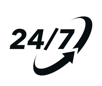 24 7 icon. The 24 hour service is open 24 hours a day, 7 days a week. Simple illustration of 24-7 elements, can be used in logo, ui and web design. 24-7 service concept. Vector illustration.