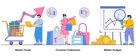 Naklejka premium Market Trends, Consumer Preferences, Market Analysis Concept with Character. Market Research Abstract Vector Illustration Set. Market Segmentation, Demand Forecasting, Competitive Advantage Metaphor