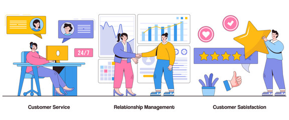 Obraz premium Customer Service, Relationship Management, Customer Satisfaction Concept with Character. Customer Support Abstract Vector Illustration Set. Customer Retention, Service Excellence, Customer Loyalty