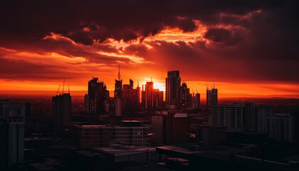 Fototapeta na wymiar Silhouette skyscrapers illuminate city skyline at dusk generated by AI