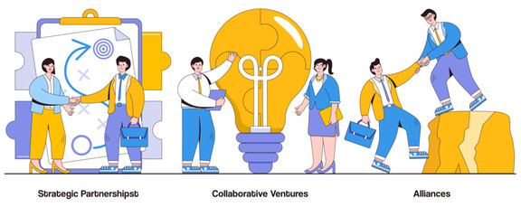 Strategic Partnerships, Collaborative Ventures, Alliances Concept with Character. Partnership Synergy Abstract Vector Illustration Set. Joint Ventures, Shared Goals, Mutual Growth Metaphor