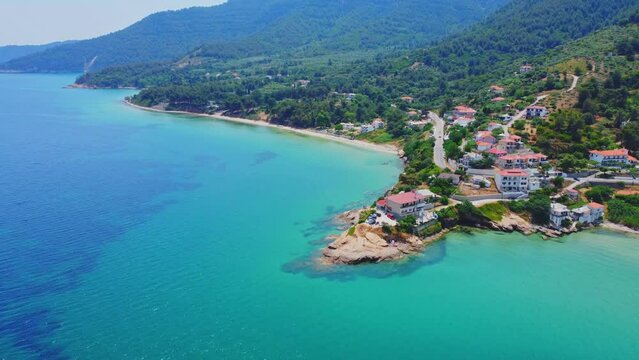 Aerial view sand summer beach and sea. Kinira Beach, Thassos, Greece