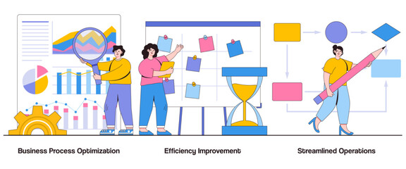Business Process Optimization, Efficiency Improvement, Streamlined Operations Concept with Character. Process Improvement Abstract Vector Illustration Set. Workflow Automation Metaphor