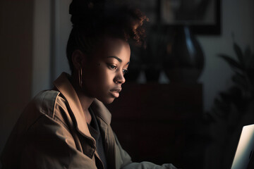 black girl working on a laptop. Ai generative art - obrazy, fototapety, plakaty