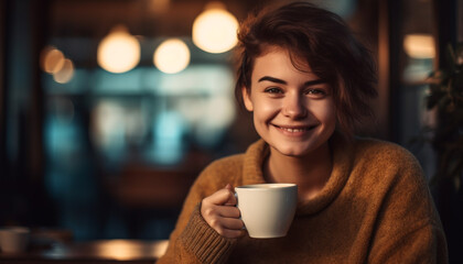 Smiling young woman enjoys coffee in cozy home generated by AI