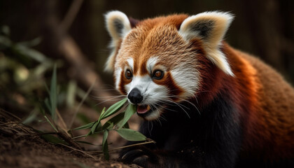 Fototapeta premium Fluffy red panda sitting on tree branch generated by AI