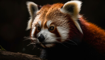 Fluffy red panda sitting outdoors, staring at camera generated by AI