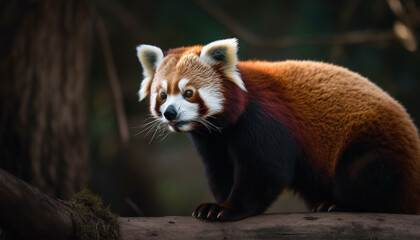Obraz premium Fluffy red panda sitting on tree branch generated by AI