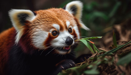 Fluffy red panda looking at camera outdoors generated by AI