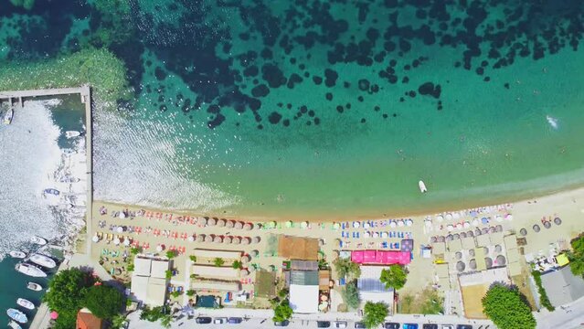 Aerial view of sand beach in Limenas, Thassos island, Greece, Europe.