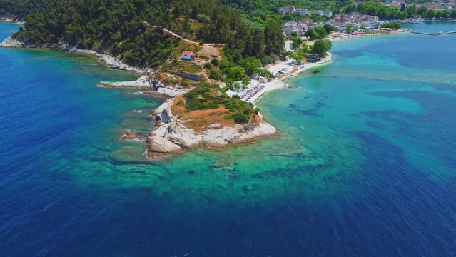 Aerial view of beach and rocks in Limenas, Thassos island, Greece