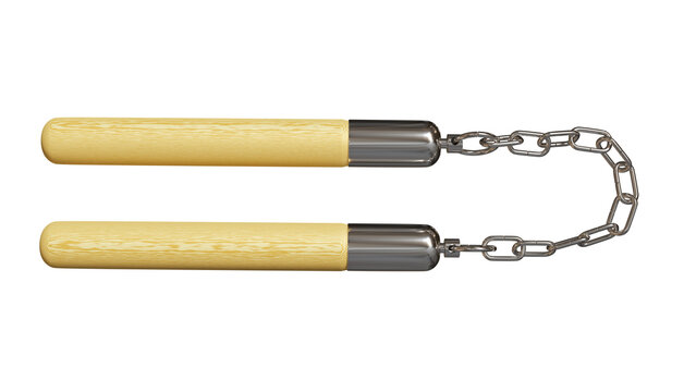 Wooden nunchaku weapon on chain isolated on white and transparent background. Martial art concept. 3D render