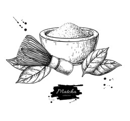 Matcha tea vector drawing. Green tea powder leaves - 618926975