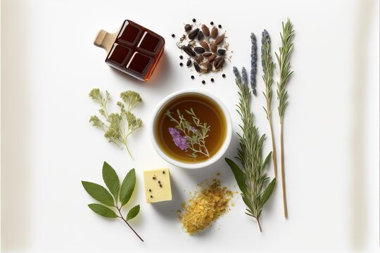 a cup of tea surrounded by herbs and other items on a white surface with a white border around the cup is a block of butter, a block of butter, a block, a.