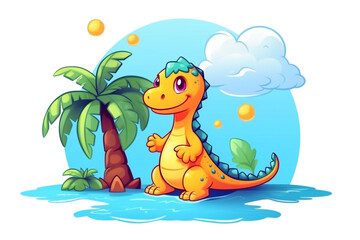 Naklejka premium Cartoon funny yellow dinosaur for print design. generative ai