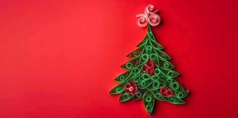 Fototapeta na wymiar Banner with quilling christmas tree closeup on red background, top view. Merry Christmas and Happy New Year holiday concept. Generated by AI