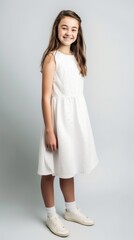 AI generated.dress mockup. Cute smiling 10 years girl in a white dress on a clean background. Teenager in dress