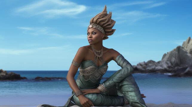 Stylish beautiful african american woman in a blue luxurious dress sits on the beach.Ai generative