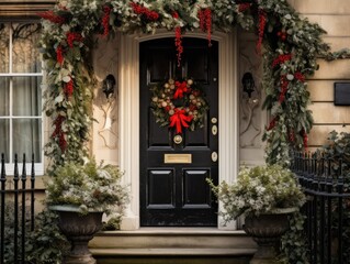 Fototapeta na wymiar Generative AI illustration of entrance door decorated with Christmas wreath red bows and baubles in winter time