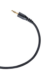 Black audio jack plug with cable on a white isolated background