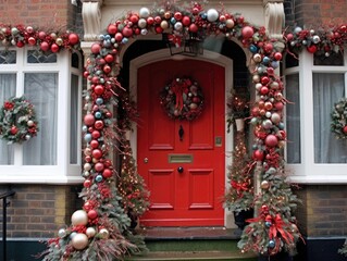 Generative AI illustration of entrance door decorated with Christmas wreath red bows and baubles in winter time