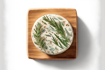 a piece of cheese with a sprig of rosemary on top of it on a wooden plate on a white surface with a white wall in the back ground behind the picture is a.