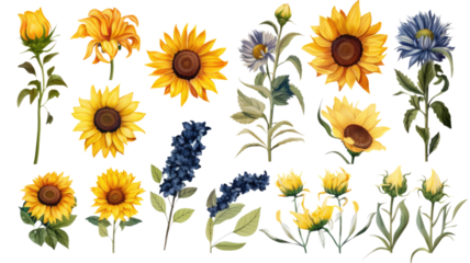 a collection of grunge oil painted daisies isolated on a transparent background, generative ai