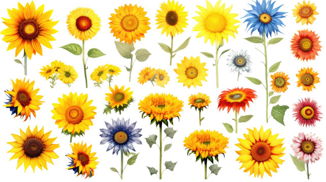 a collection of grunge oil painted daisies isolated on a transparent background, generative ai
