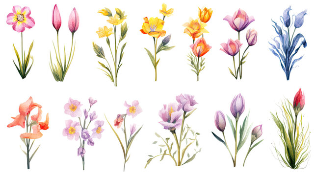 a collection of grunge oil painted spring flowers isolated on a transparent background, generative ai