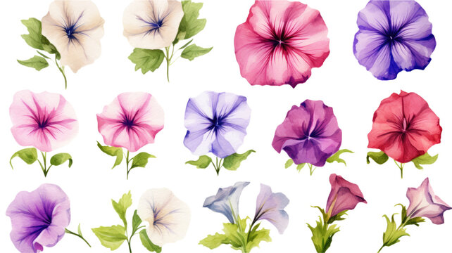 a collection of grunge oil painted petunias flowers isolated on a transparent background, generative ai