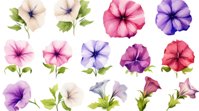 a collection of grunge oil painted petunias flowers isolated on a transparent background, generative ai