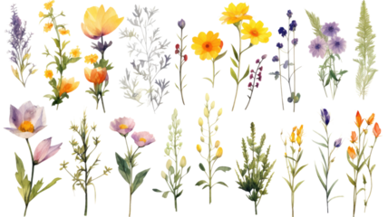 a collection of grunge oil painted wildflowers flowers isolated on a transparent background, generative ai