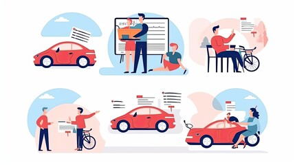 Auto insurance illustration set character buying