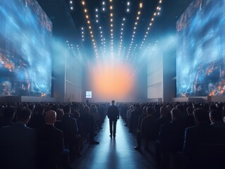 Fototapeta na wymiar Generative AI illustration silhouette of man walking between rows with people sitting on seats during business conference in dark hall illuminated by blue lights