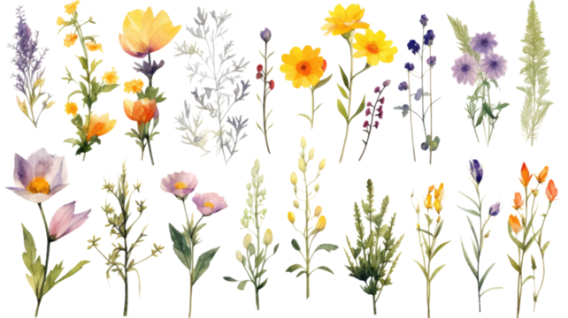a collection of grunge oil painted wildflowers flowers isolated on a transparent background, generative ai