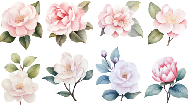 a collection of soft watercolor camellias flowers isolated on a transparent background, generative ai