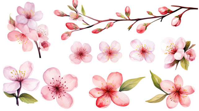 a collection of soft watercolor cherry blossoms flowers isolated on a transparent background, generative ai