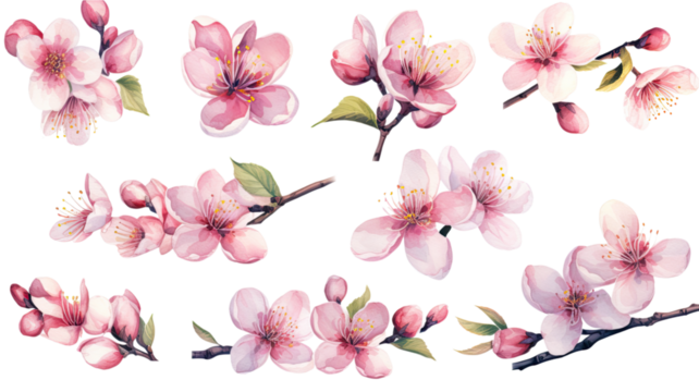 a collection of soft watercolor cherry blossoms flowers isolated on a transparent background, generative ai