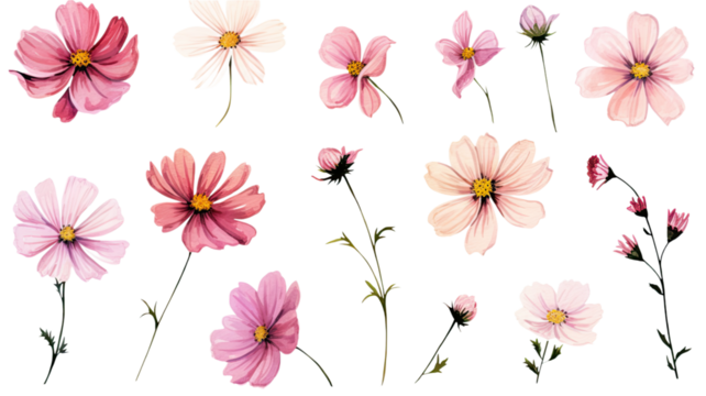 a collection of soft pink watercolor cosmos flowers isolated on a transparent background, generative ai