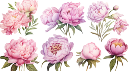 a collection of soft watercolor peonies flowers isolated on a transparent background, generative ai