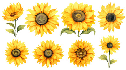 a collection of soft watercolor sunflowers flowers isolated on a transparent background, generative ai
