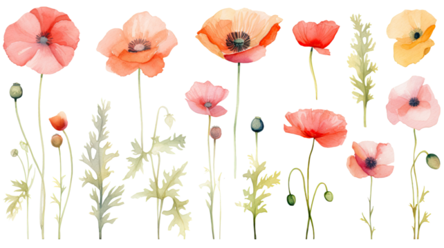 a collection of soft watercolor poppies flowers isolated on a transparent background, generative ai