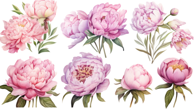 a collection of soft watercolor peonies flowers isolated on a transparent background, generative ai