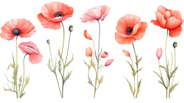 a collection of soft watercolor poppies flowers isolated on a transparent background, generative ai