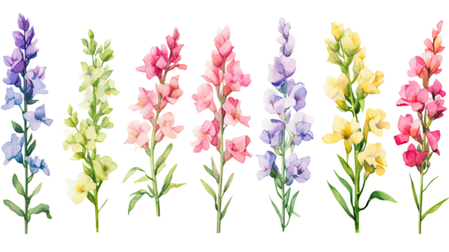 a collection of soft watercolor snapdragons flowers isolated on a transparent background, generative ai