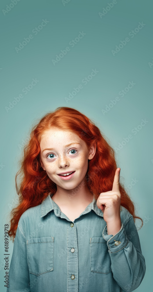 Wall mural Small ginger red curly hair girl with freckles. She looks cute and innocent, but is probably little rascal. Smiling, pointing finger to empty copy space above, vertical banner. Generative AI